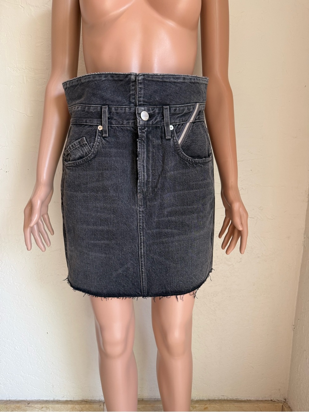 Barneys New York Jean Atelier Black Washed Denim Mini Skirt Flap Waist Women 27